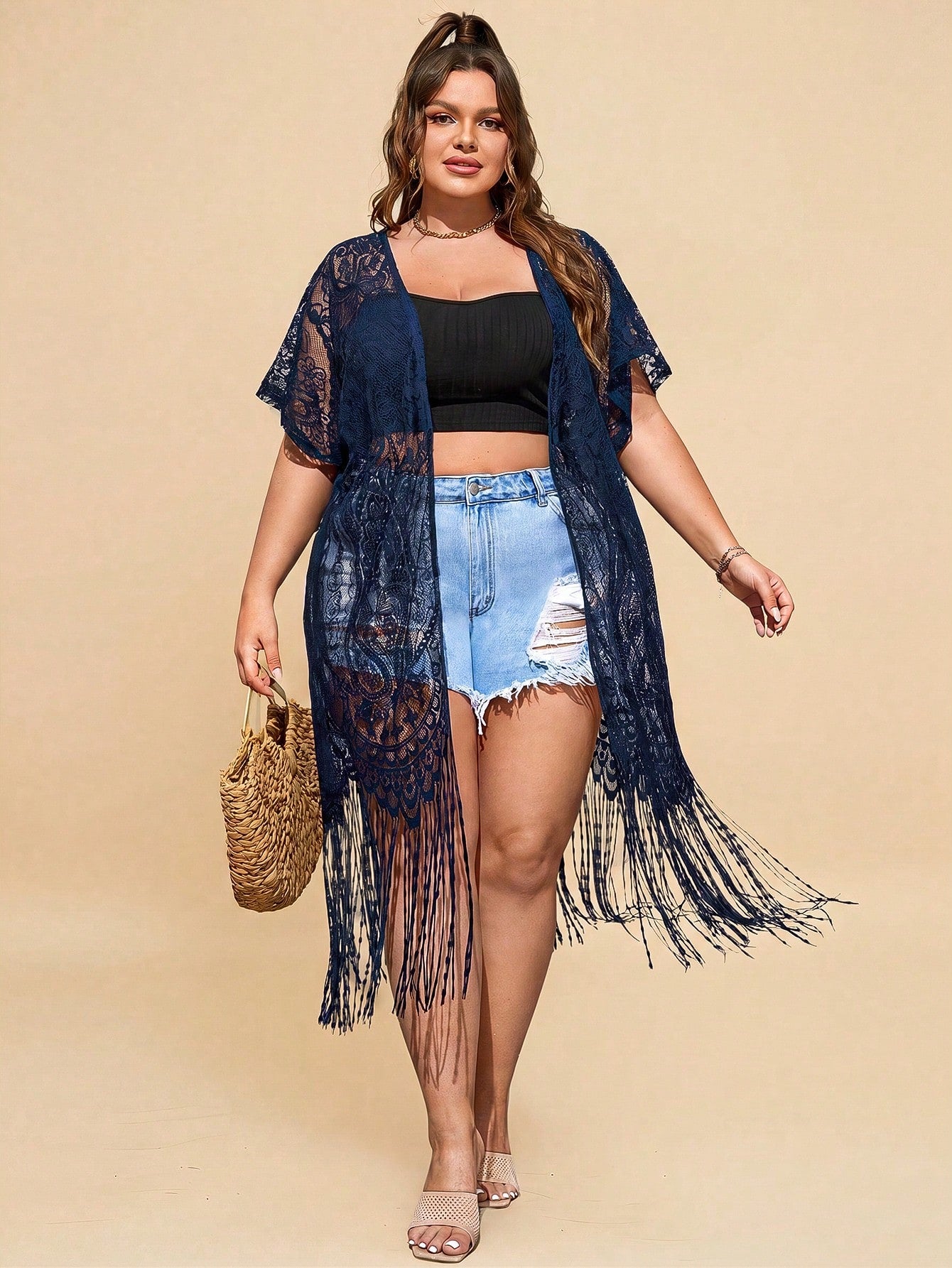 Travachic Plus Size Fringe Trim Dolman Sleeve Lace Kimono Without Camisole Summer