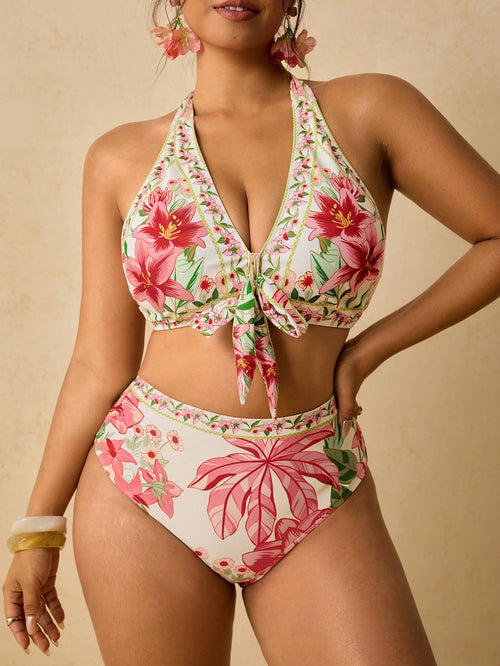 Travachic Plus Size Women's Halter Floral Print Bikini Set,White Summer Boho Beach Holiday Stretchy Fitted Two Piece Swimsuit,Elegant Cruise Vacation Outfit