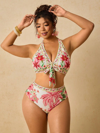 Travachic Plus Size Women's Halter Floral Print Bikini Set,White Summer Boho Beach Holiday Stretchy Fitted Two Piece Swimsuit,Elegant Cruise Vacation Outfit