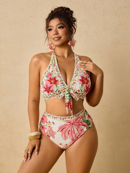 Travachic Plus Size Women's Halter Floral Print Bikini Set,White Summer Boho Beach Holiday Stretchy Fitted Two Piece Swimsuit,Elegant Cruise Vacation Outfit