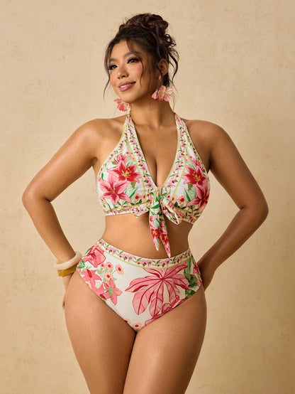 Travachic Plus Size Women's Halter Floral Print Bikini Set,White Summer Boho Beach Holiday Stretchy Fitted Two Piece Swimsuit,Elegant Cruise Vacation Outfit