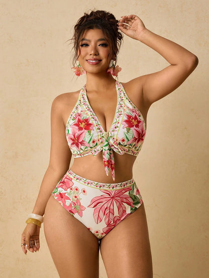 Travachic Plus Size Women's Halter Floral Print Bikini Set,White Summer Boho Beach Holiday Stretchy Fitted Two Piece Swimsuit,Elegant Cruise Vacation Outfit