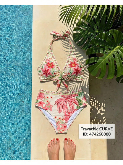 Travachic Plus Size Women's Halter Floral Print Bikini Set,White Summer Boho Beach Holiday Stretchy Fitted Two Piece Swimsuit,Elegant Cruise Vacation Outfit