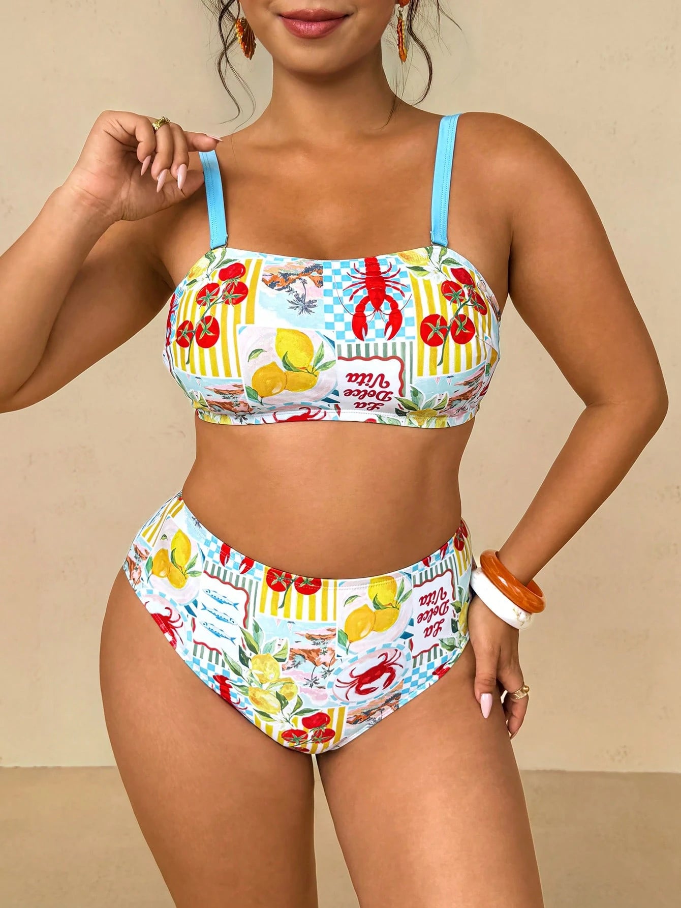 Travachic Plus Size Women's White Halter Crop Top With Ocean Print,Tie-Side Bottoms,Summer Beach Holiday Party Swimwear Set,Vacation Cruise Two Piece Outfits