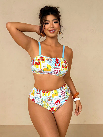 Travachic Plus Size Women's White Halter Crop Top With Ocean Print,Tie-Side Bottoms,Summer Beach Holiday Party Swimwear Set,Vacation Cruise Two Piece Outfits