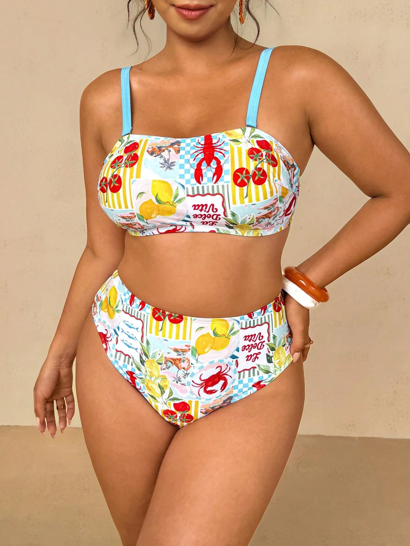 Travachic Plus Size Women's White Halter Crop Top With Ocean Print,Tie-Side Bottoms,Summer Beach Holiday Party Swimwear Set,Vacation Cruise Two Piece Outfits