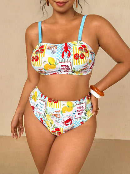 Travachic Plus Size Women's White Halter Crop Top With Ocean Print,Tie-Side Bottoms,Summer Beach Holiday Party Swimwear Set,Vacation Cruise Two Piece Outfits