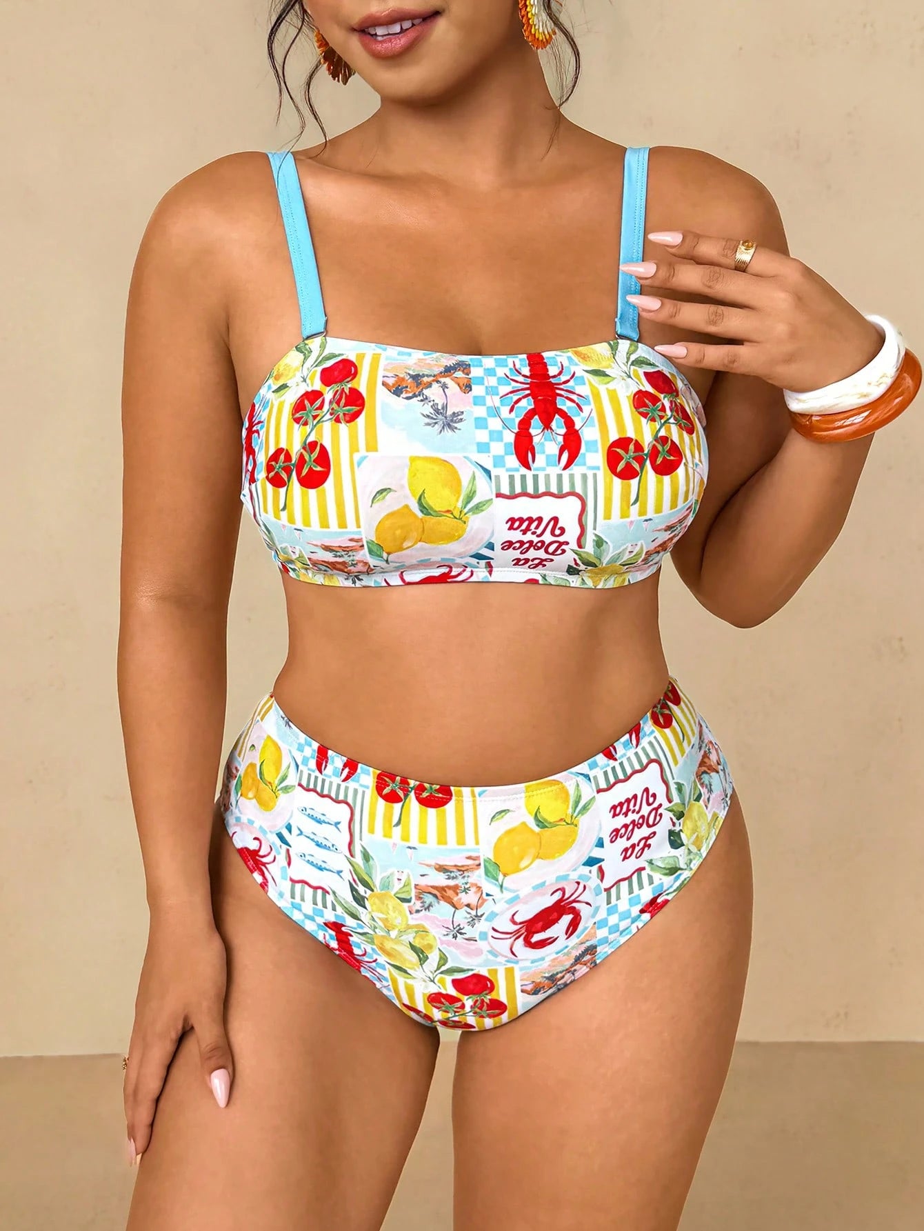 Travachic Plus Size Women's White Halter Crop Top With Ocean Print,Tie-Side Bottoms,Summer Beach Holiday Party Swimwear Set,Vacation Cruise Two Piece Outfits