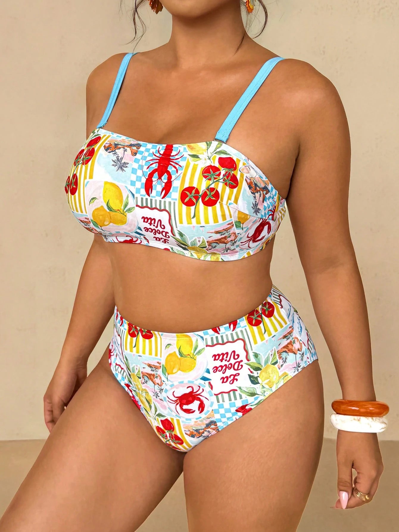 Travachic Plus Size Women's White Halter Crop Top With Ocean Print,Tie-Side Bottoms,Summer Beach Holiday Party Swimwear Set,Vacation Cruise Two Piece Outfits
