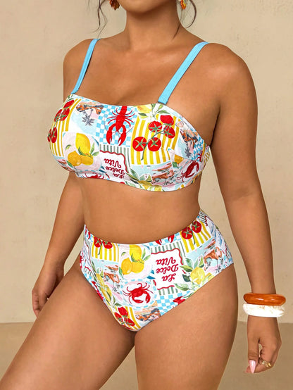 Travachic Plus Size Women's White Halter Crop Top With Ocean Print,Tie-Side Bottoms,Summer Beach Holiday Party Swimwear Set,Vacation Cruise Two Piece Outfits