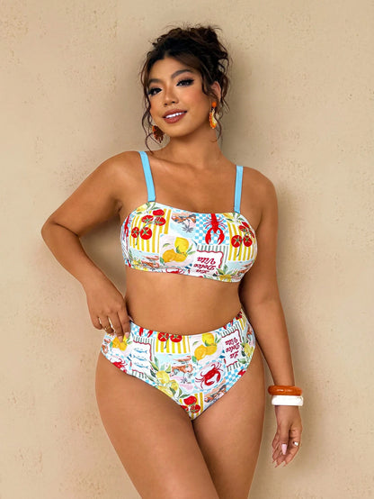 Travachic Plus Size Women's White Halter Crop Top With Ocean Print,Tie-Side Bottoms,Summer Beach Holiday Party Swimwear Set,Vacation Cruise Two Piece Outfits