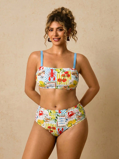 Travachic Plus Size Women's White Halter Crop Top With Ocean Print,Tie-Side Bottoms,Summer Beach Holiday Party Swimwear Set,Vacation Cruise Two Piece Outfits