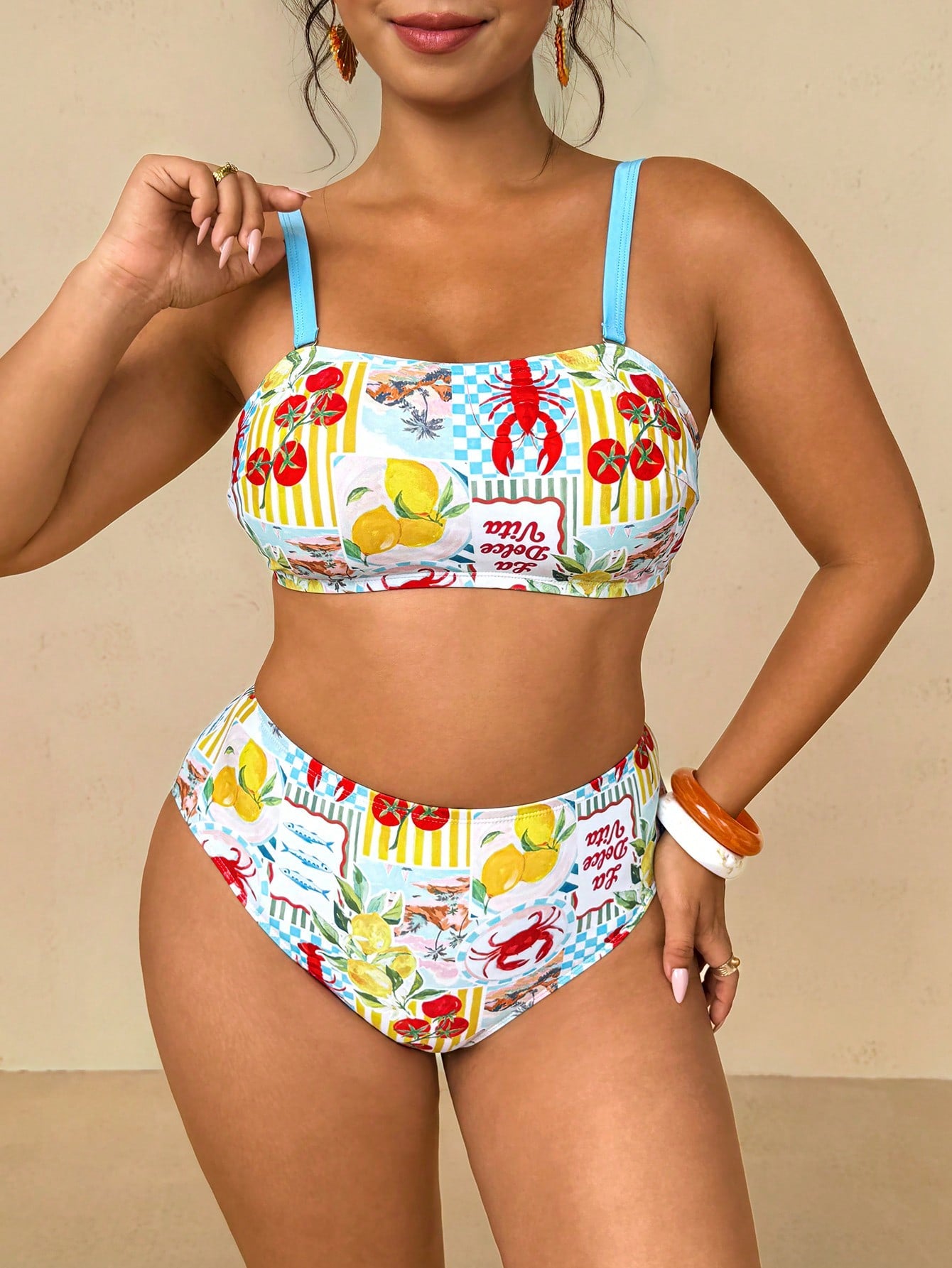 Travachic Plus Size Women's White Halter Crop Top With Ocean Print,Tie-Side Bottoms,Summer Beach Holiday Party Swimwear Set,Vacation Cruise Two Piece Outfits