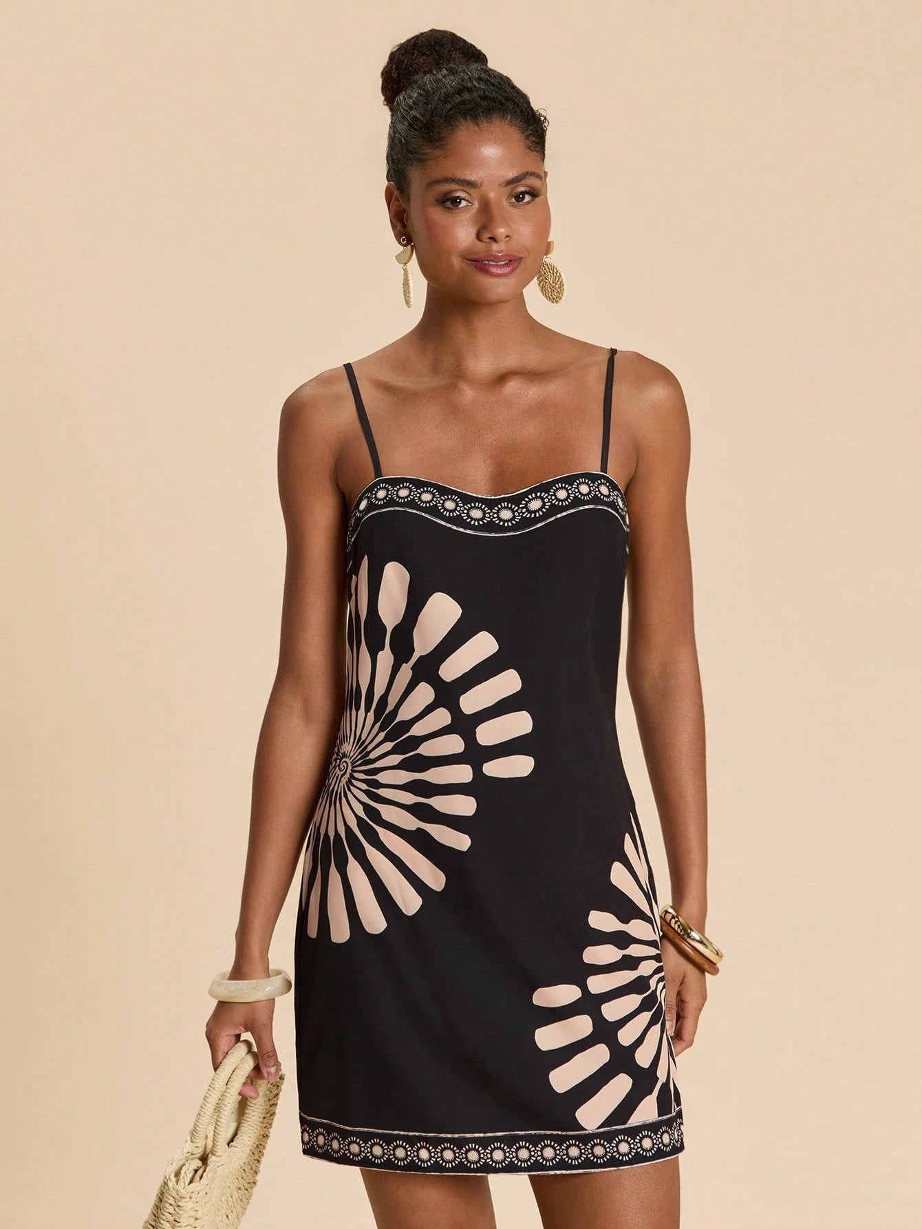 Travachic Vacation Casual 70s Retro Geometric Print Camisole Dress,Bohemia,Werstern,Tropical Parrot Pattern,Suitable For Summer Outfits,Women,Beach Black