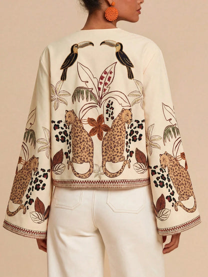 Travachic Vacation Printed Loose Fit Long Sleeve Blouse For Women,Autumn Top Vacation Beige Boho