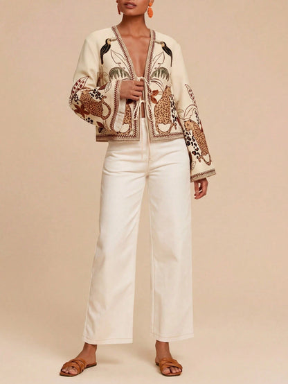 Travachic Vacation Printed Loose Fit Long Sleeve Blouse For Women,Autumn Top Vacation Beige Boho