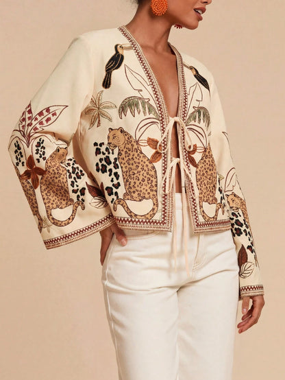 Travachic Vacation Printed Loose Fit Long Sleeve Blouse For Women,Autumn Top Vacation Beige Boho