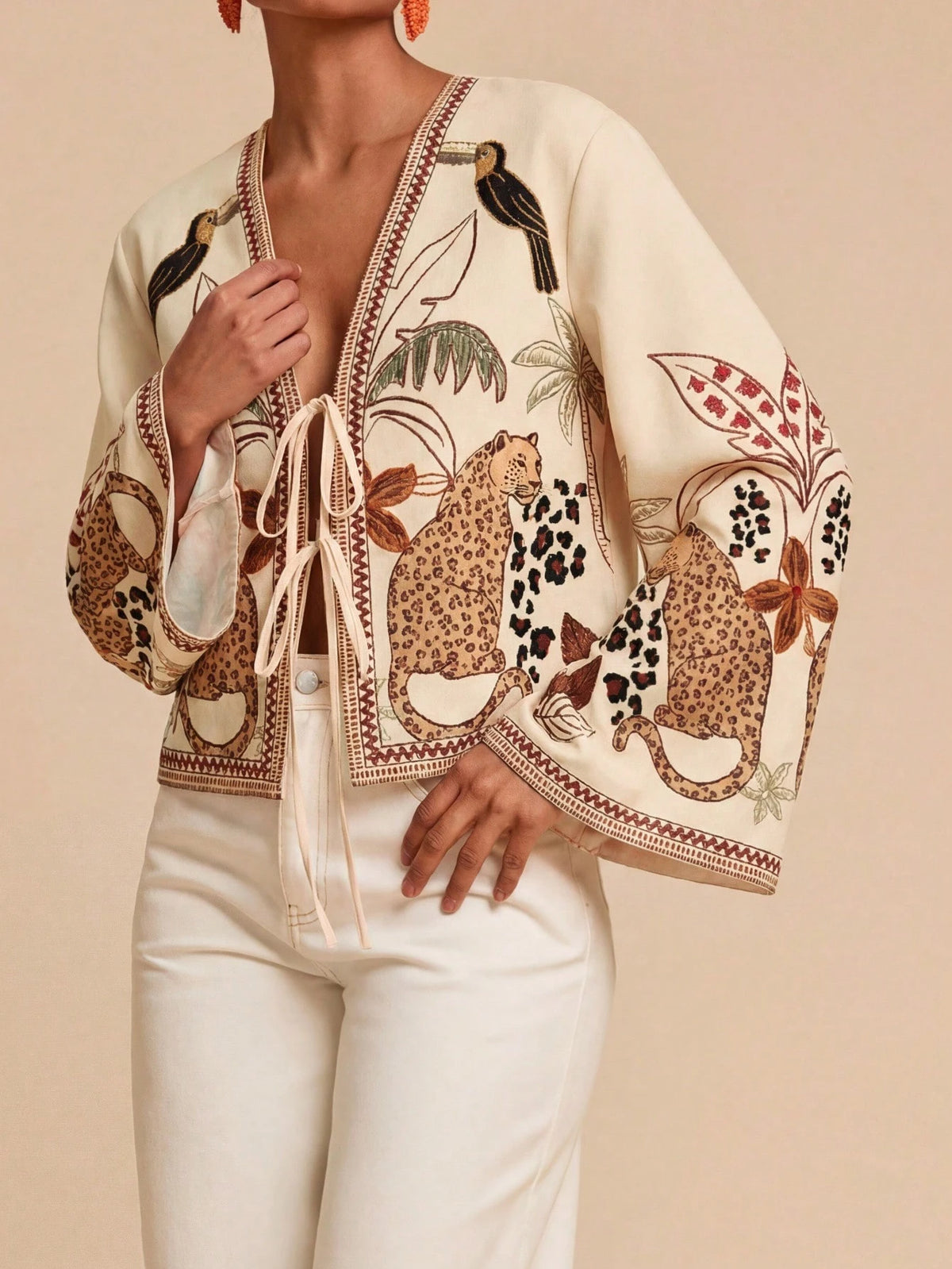 Travachic Vacation Printed Loose Fit Long Sleeve Blouse For Women,Autumn Top Vacation Beige Boho