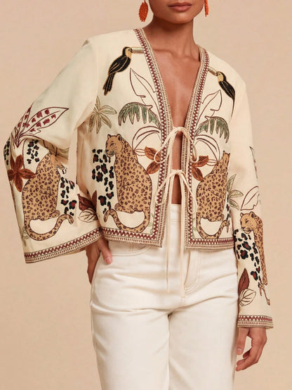 Travachic Vacation Printed Loose Fit Long Sleeve Blouse For Women,Autumn Top Vacation Beige Boho
