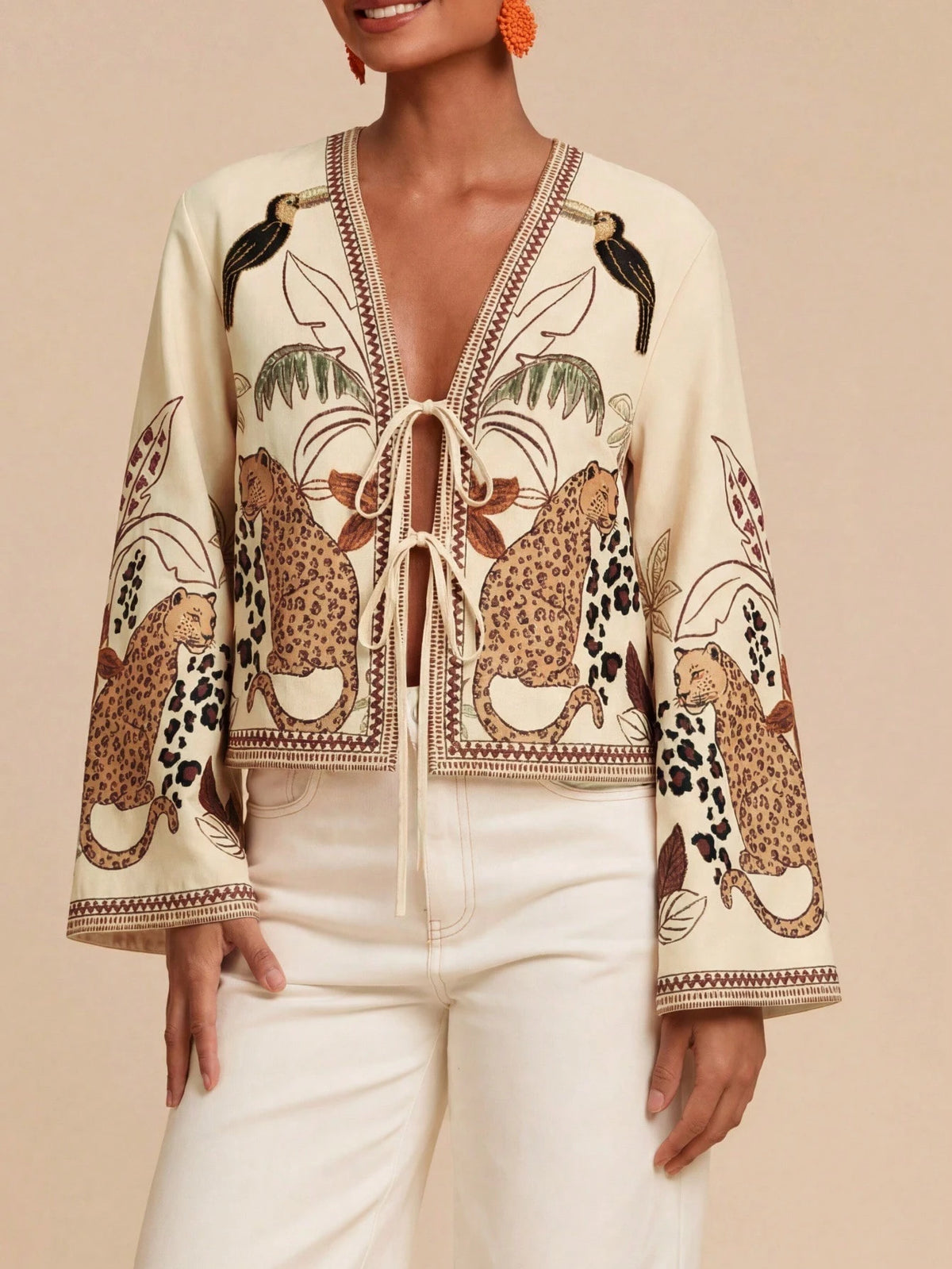 Travachic Vacation Printed Loose Fit Long Sleeve Blouse For Women,Autumn Top Vacation Beige Boho