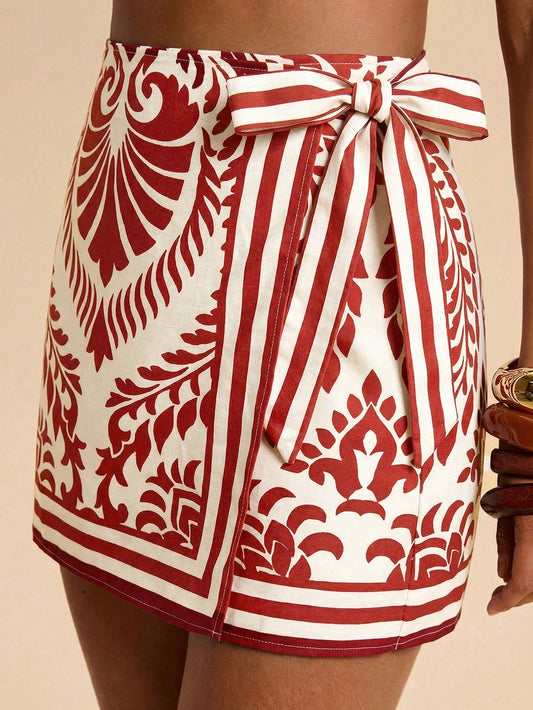 Travachic Women's Allover Print Tie-Waist Wrap Skirt,Elegant Mexican Style Off-White Summer Boho Beach Vacation Holiday Floral Wedding Guest Birthday Skirt