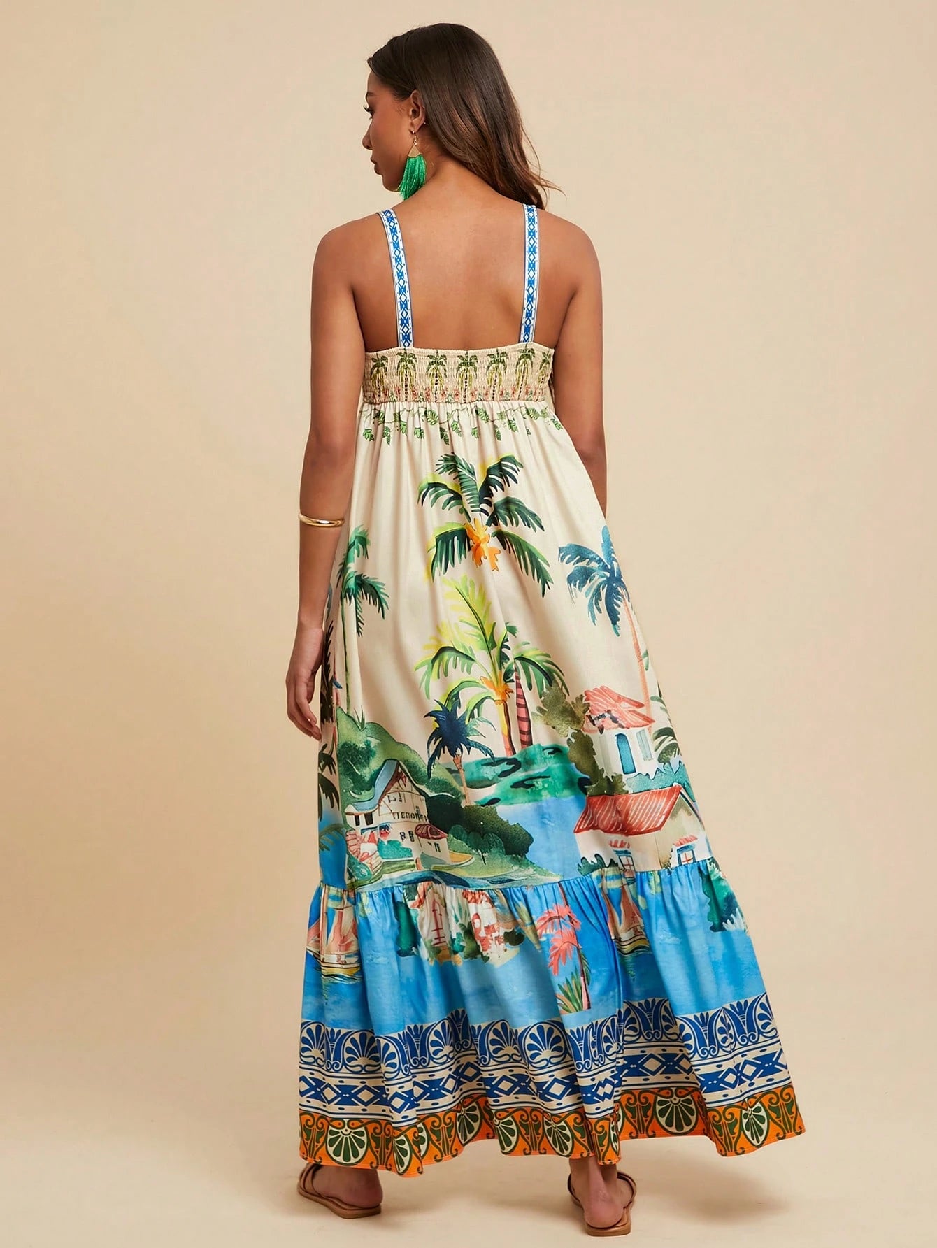 Travachic Women's Beige Summer Boho Tropical Beach Vacation Tropical Print Spaghetti Strap Maxi Dress,Ruffled Hem Bohemian Western Style Ibiza Concert Outfits