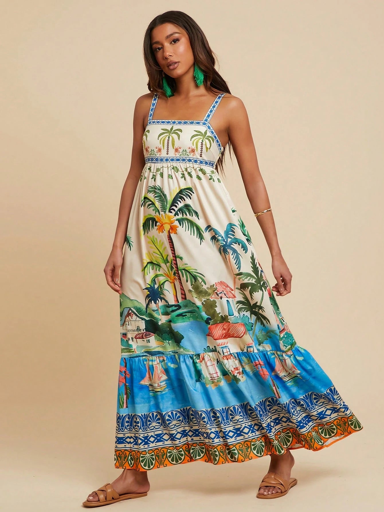Travachic Women's Beige Summer Boho Tropical Beach Vacation Tropical Print Spaghetti Strap Maxi Dress,Ruffled Hem Bohemian Western Style Ibiza Concert Outfits