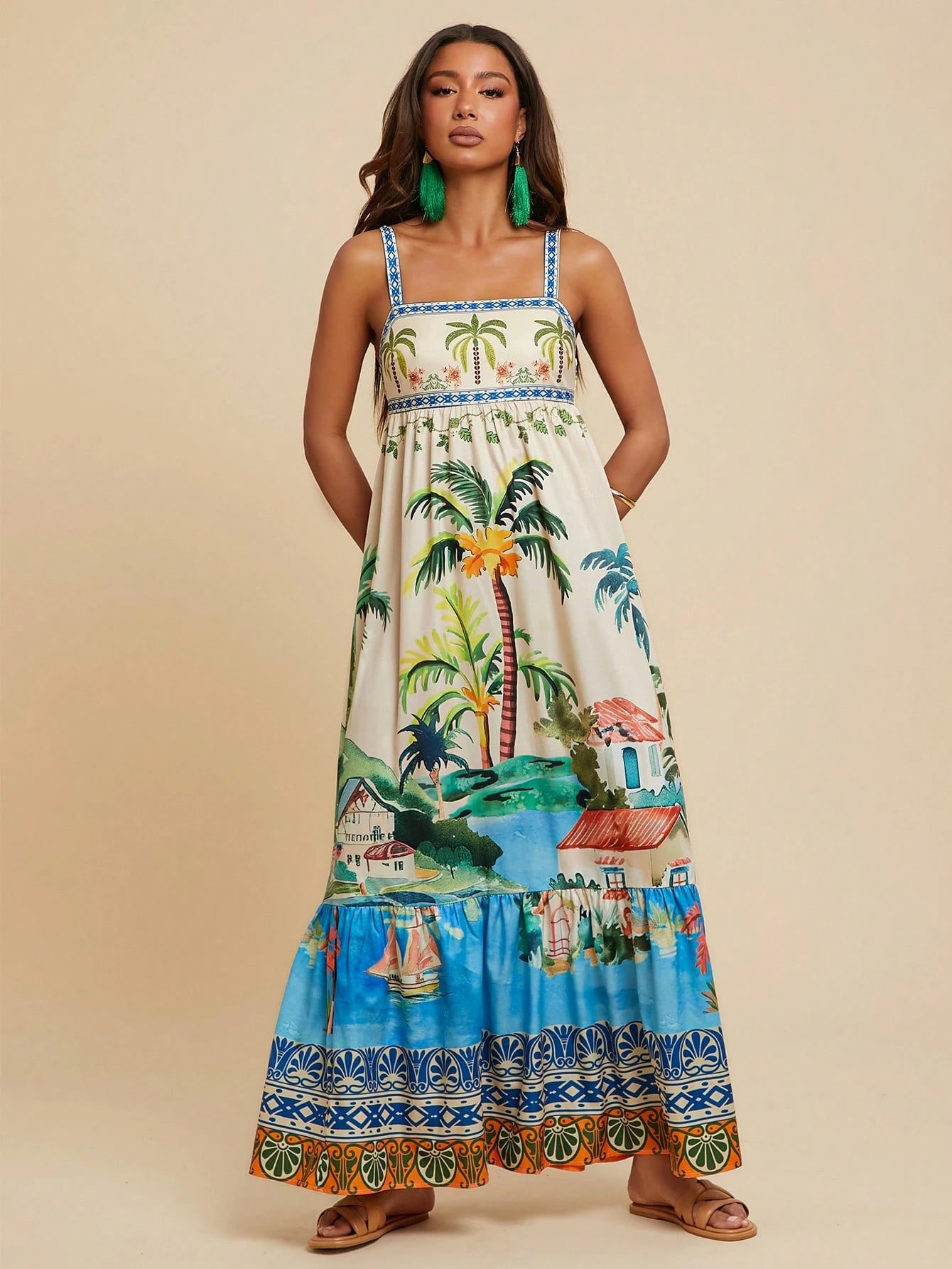 Travachic Women's Beige Summer Boho Tropical Beach Vacation Tropical Print Spaghetti Strap Maxi Dress,Ruffled Hem Bohemian Western Style Ibiza Concert Outfits