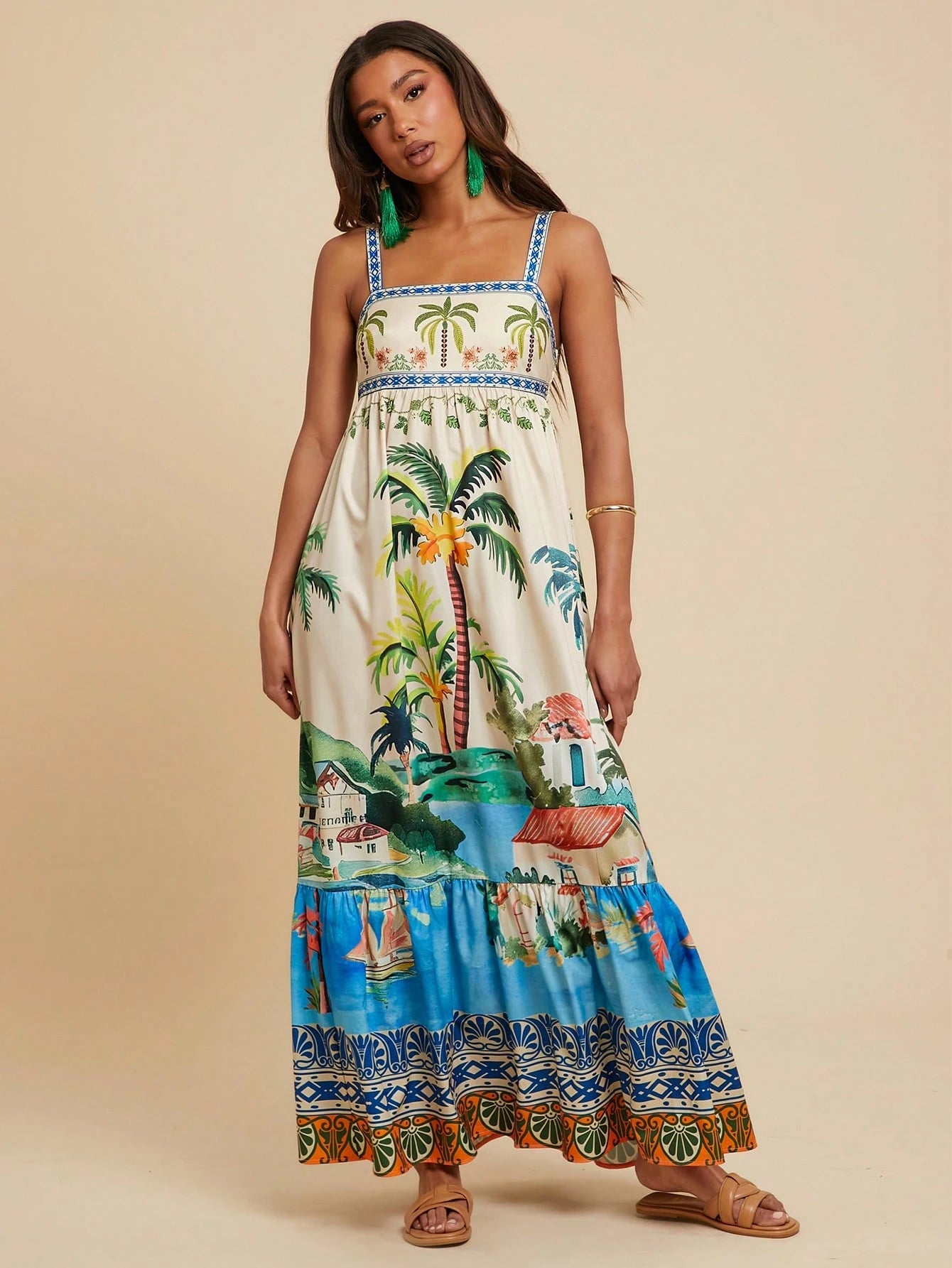 Travachic Women's Beige Summer Boho Tropical Beach Vacation Tropical Print Spaghetti Strap Maxi Dress,Ruffled Hem Bohemian Western Style Ibiza Concert Outfits