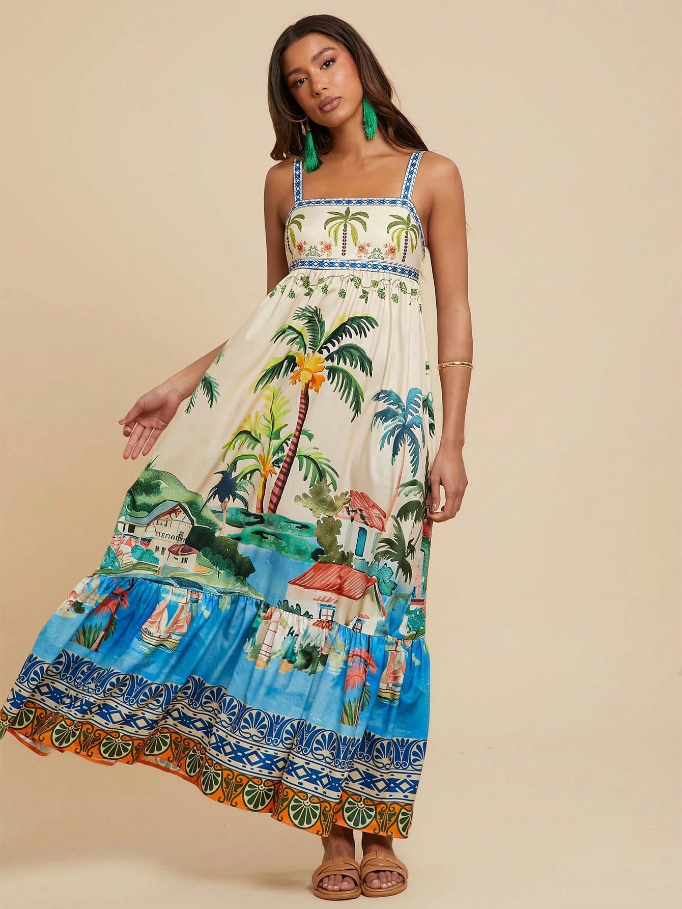 Travachic Women's Beige Summer Boho Tropical Beach Vacation Tropical Print Spaghetti Strap Maxi Dress,Ruffled Hem Bohemian Western Style Ibiza Concert Outfits