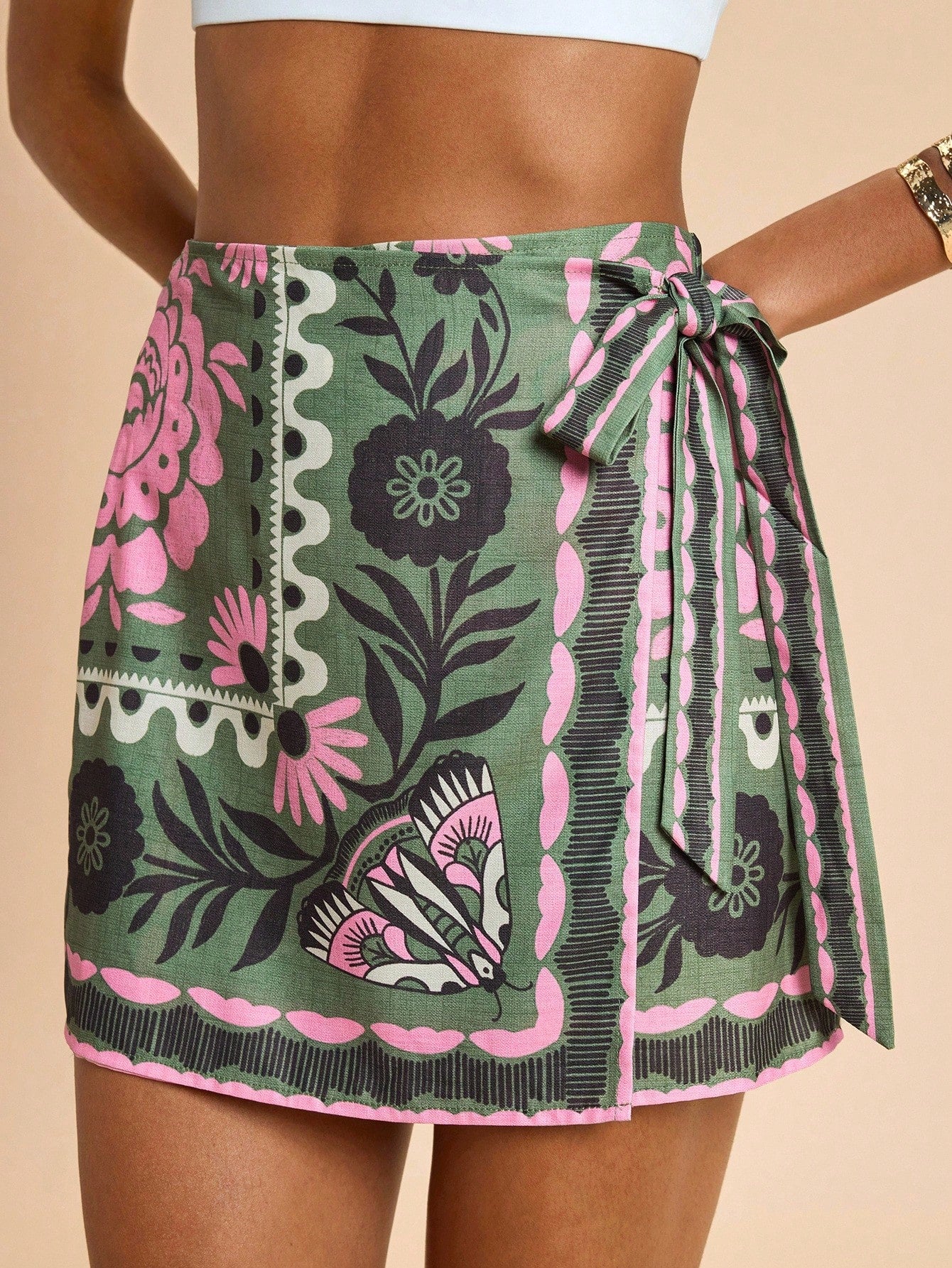 Travachic Women's Green Floral Summer Boho Conservative Sexy Vacation Holiday Skirt,Woven Tropical Tie-Wrap Graphic Printed Casual Beach Bohemian Chic Wrap