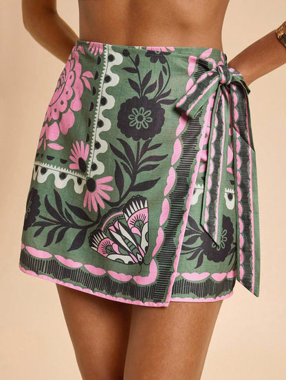 Travachic Women's Green Floral Summer Boho Conservative Sexy Vacation Holiday Skirt,Woven Tropical Tie-Wrap Graphic Printed Casual Beach Bohemian Chic Wrap