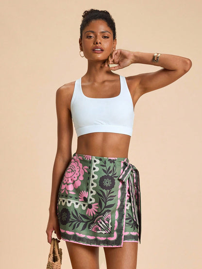 Travachic Women's Green Floral Summer Boho Conservative Sexy Vacation Holiday Skirt,Woven Tropical Tie-Wrap Graphic Printed Casual Beach Bohemian Chic Wrap
