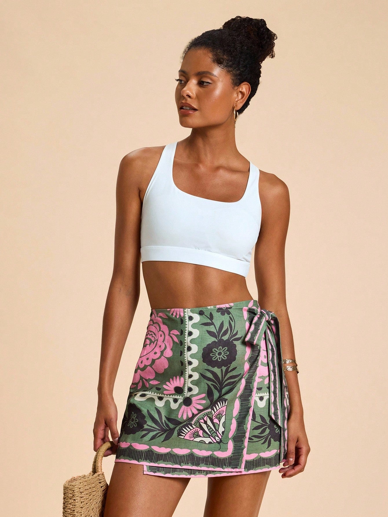 Travachic Women's Green Floral Summer Boho Conservative Sexy Vacation Holiday Skirt,Woven Tropical Tie-Wrap Graphic Printed Casual Beach Bohemian Chic Wrap