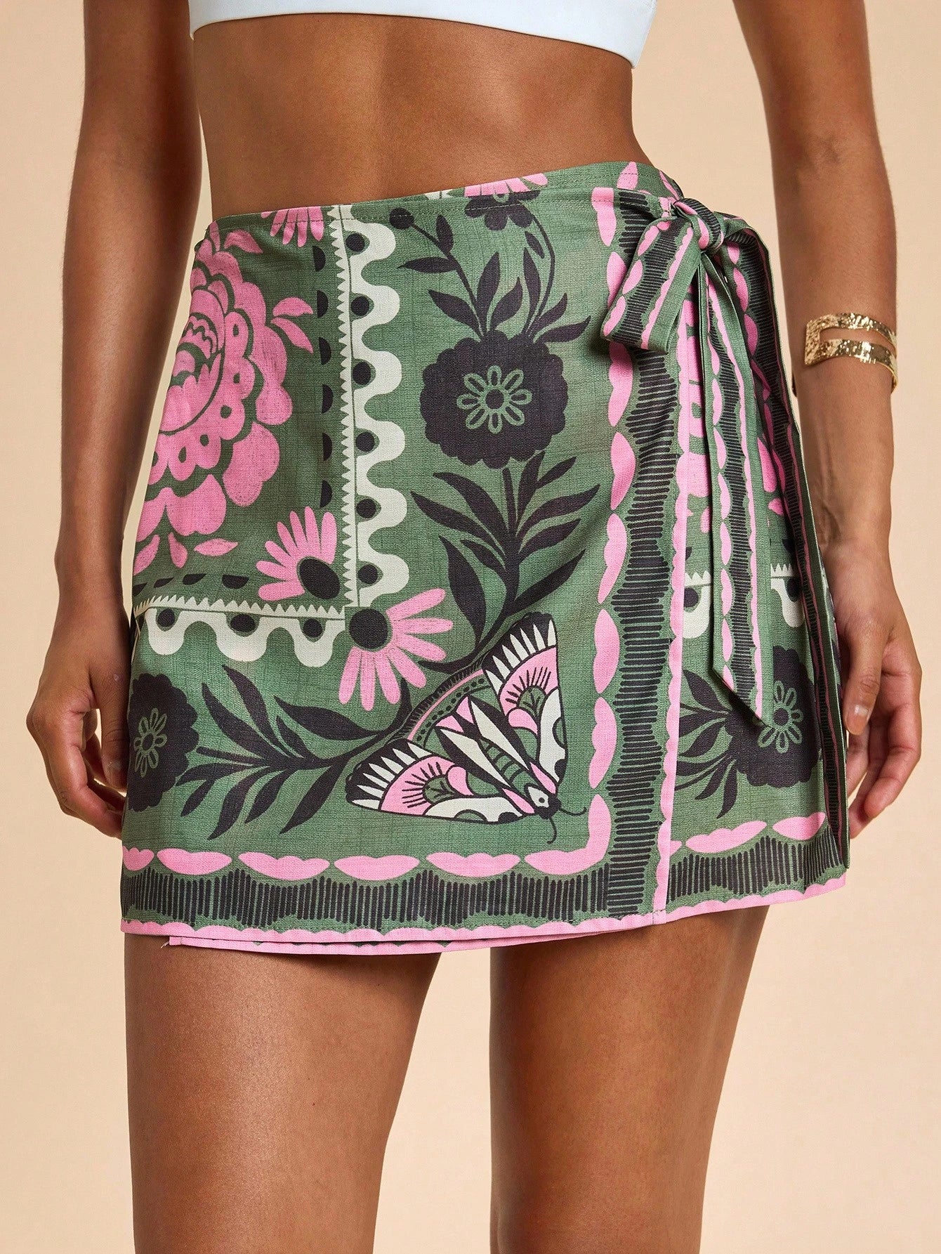 Travachic Women's Green Floral Summer Boho Conservative Sexy Vacation Holiday Skirt,Woven Tropical Tie-Wrap Graphic Printed Casual Beach Bohemian Chic Wrap