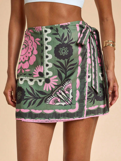 Travachic Women's Green Floral Summer Boho Conservative Sexy Vacation Holiday Skirt,Woven Tropical Tie-Wrap Graphic Printed Casual Beach Bohemian Chic Wrap