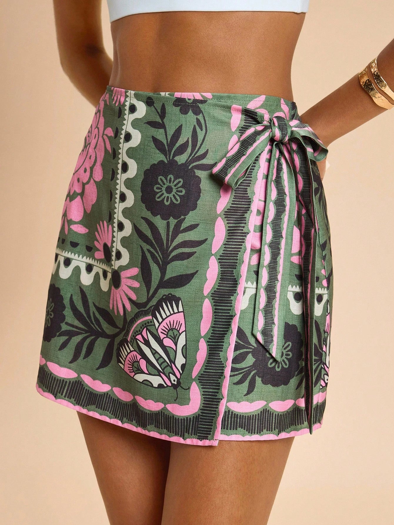 Travachic Women's Green Floral Summer Boho Conservative Sexy Vacation Holiday Skirt,Woven Tropical Tie-Wrap Graphic Printed Casual Beach Bohemian Chic Wrap