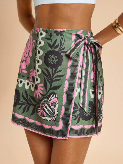 Travachic Women's Green Floral Summer Boho Conservative Sexy Vacation Holiday Skirt,Woven Tropical Tie-Wrap Graphic Printed Casual Beach Bohemian Chic Wrap