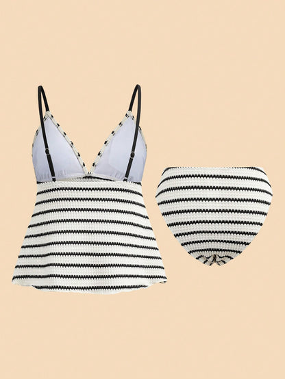 Travachic Women's Summer Beach Vacation Blue White Striped Front Tie Tankini Set Tropical