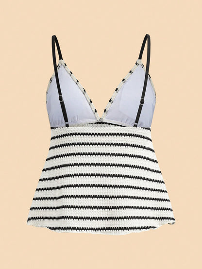 Travachic Women's Summer Beach Vacation Blue White Striped Front Tie Tankini Set Tropical