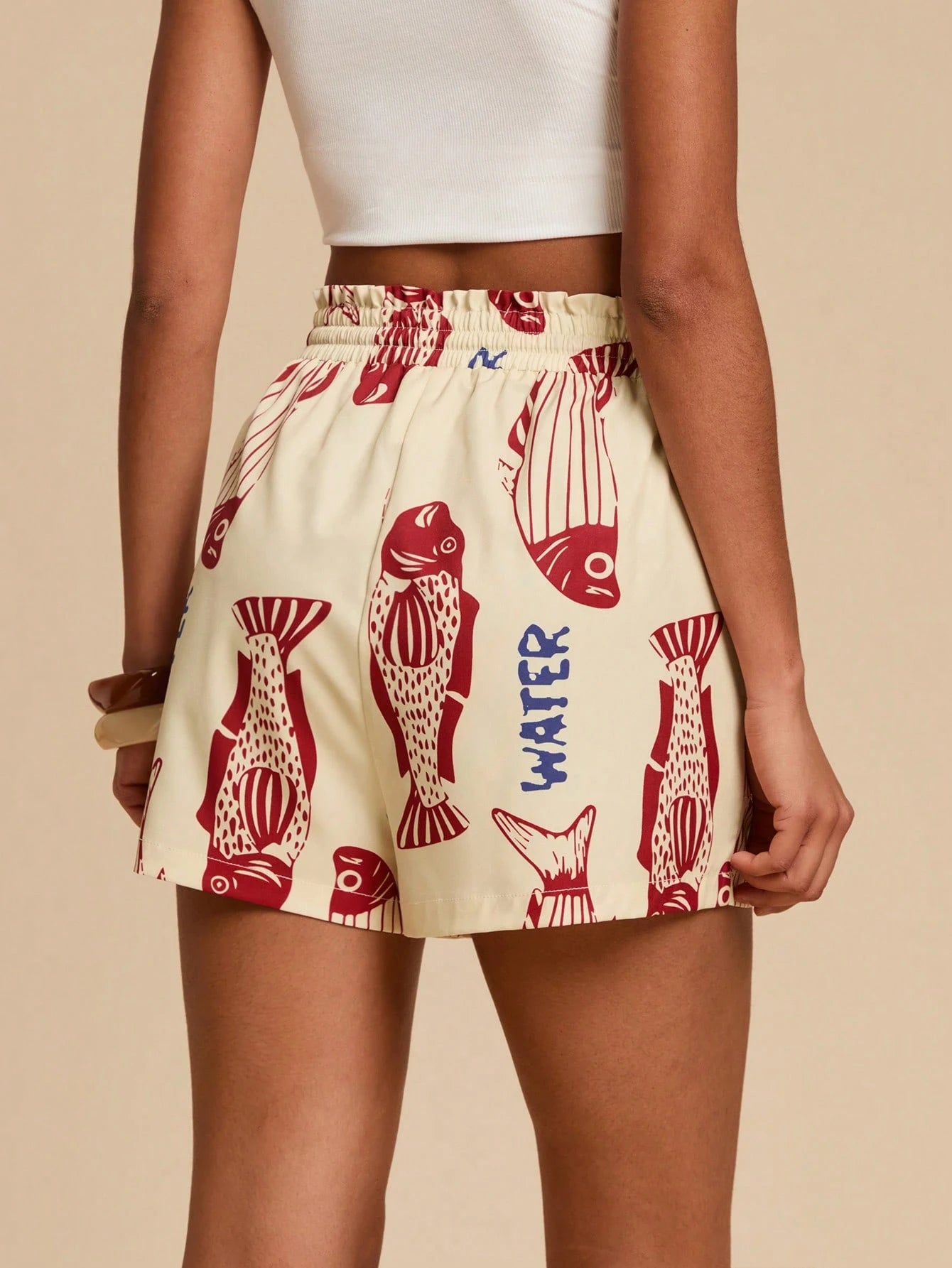 Travachic Women's Summer Casual Fish & Letter Print Shorts,Red White Blue,Euro,Beach,Vacation,Holiday,Boho Bohemia Style,Music Festival,Tropical Beachwear