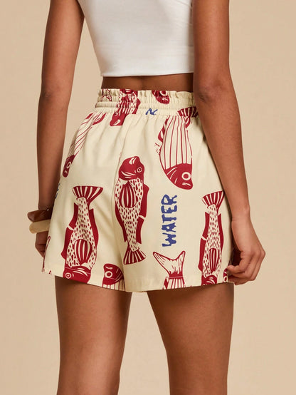 Travachic Women's Summer Casual Fish & Letter Print Shorts,Red White Blue,Euro,Beach,Vacation,Holiday,Boho Bohemia Style,Music Festival,Tropical Beachwear