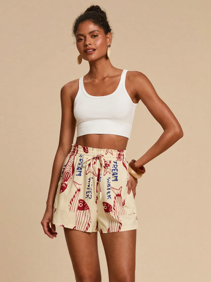 Travachic Women's Summer Casual Fish & Letter Print Shorts,Red White Blue,Euro,Beach,Vacation,Holiday,Boho Bohemia Style,Music Festival,Tropical Beachwear