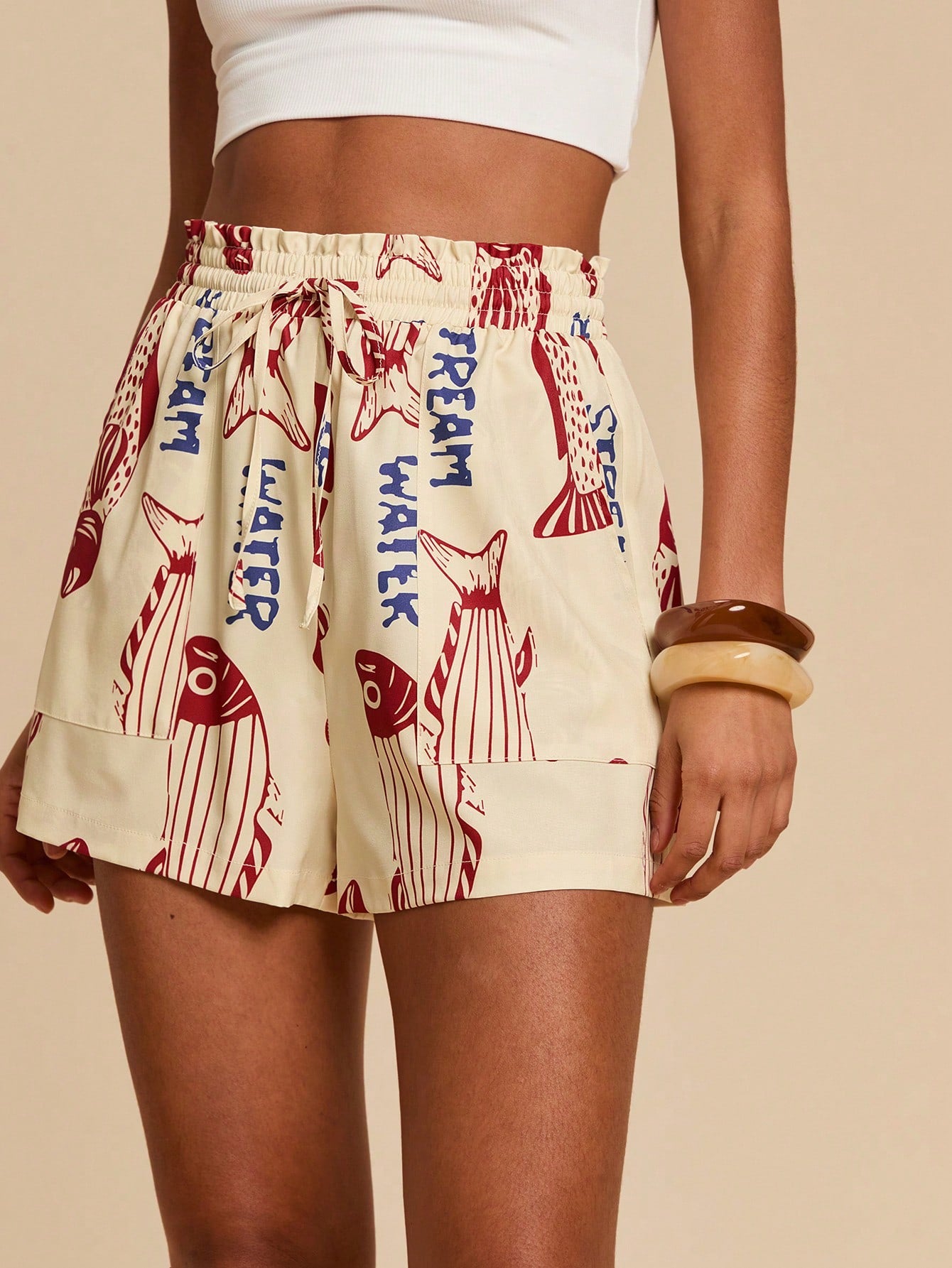 Travachic Women's Summer Casual Fish & Letter Print Shorts,Red White Blue,Euro,Beach,Vacation,Holiday,Boho Bohemia Style,Music Festival,Tropical Beachwear