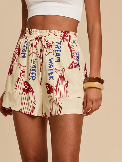 Travachic Women's Summer Casual Fish & Letter Print Shorts,Red White Blue,Euro,Beach,Vacation,Holiday,Boho Bohemia Style,Music Festival,Tropical Beachwear