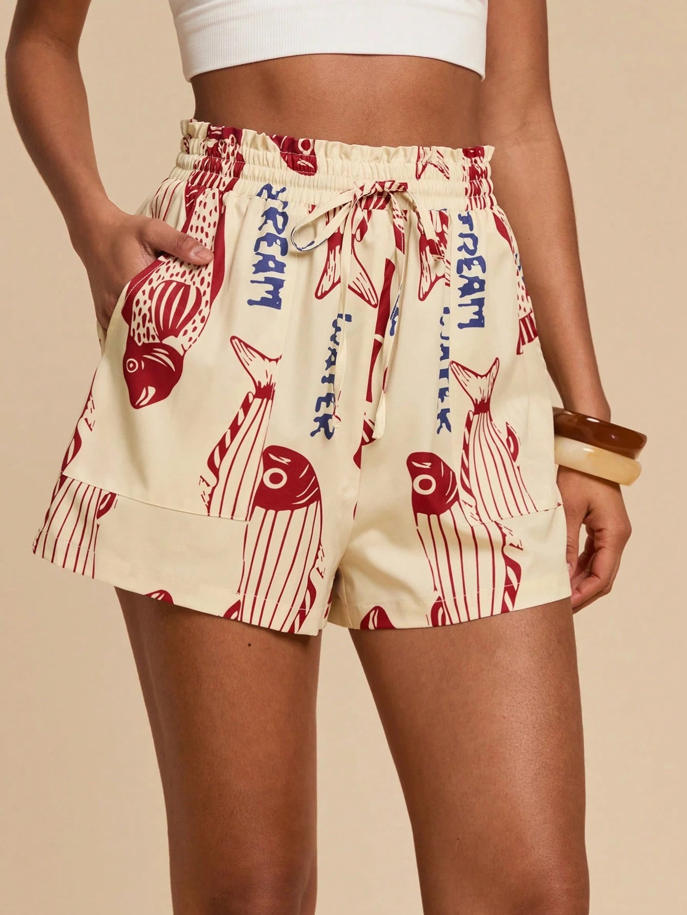 Travachic Women's Summer Casual Fish & Letter Print Shorts,Red White Blue,Euro,Beach,Vacation,Holiday,Boho Bohemia Style,Music Festival,Tropical Beachwear