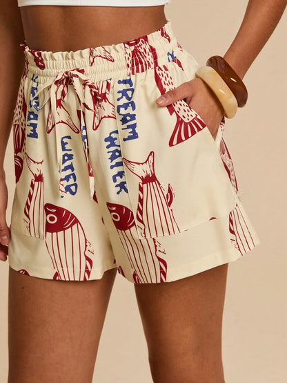 Travachic Women's Summer Casual Fish & Letter Print Shorts,Red White Blue,Euro,Beach,Vacation,Holiday,Boho Bohemia Style,Music Festival,Tropical Beachwear