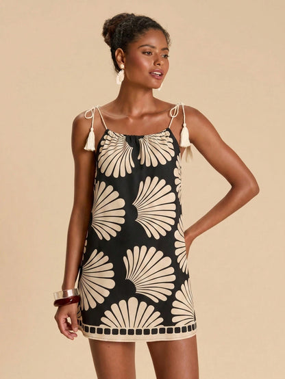 Travachic Women's Vacation All-Over Print Shoulder Fringe Tie-Up Cover-Up Dress