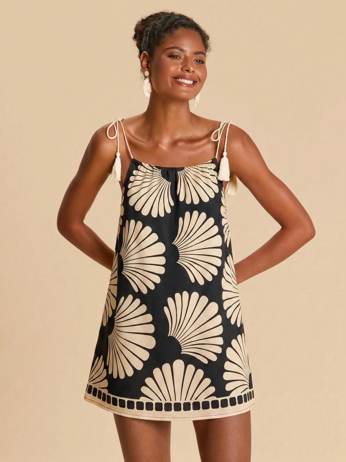 Travachic Women's Vacation All-Over Print Shoulder Fringe Tie-Up Cover-Up Dress