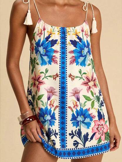 Travachic Women's White Floral Summer Boho Holiday Sleeveless Cover-Up,Beach Vacation Dress,Festival Party Elegant Casual Tropical Outfits,Mini Beach Skirt